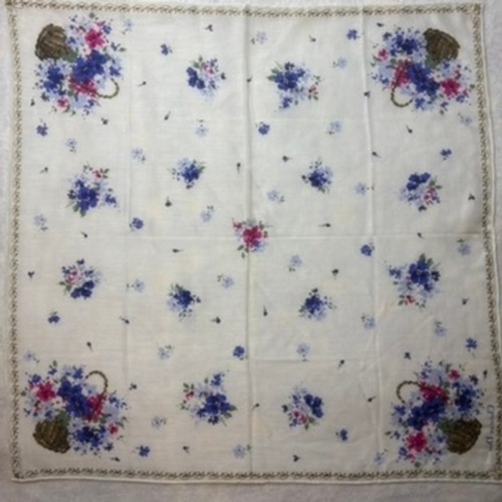 VTG CHRISTIAN DIOR Scarf Handkerchief Floral Basket Cotton White 18.5"